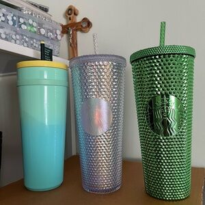Starbucks Green, Yellow, and Silver Tumbler Trio